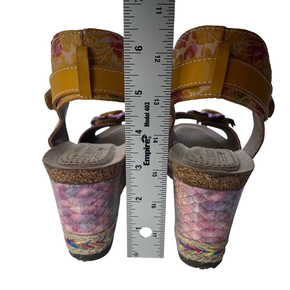 L'ATISTE Yellow Floral Leather Wedge Sandals with Pink Flower Accent - Picture 3 of 12